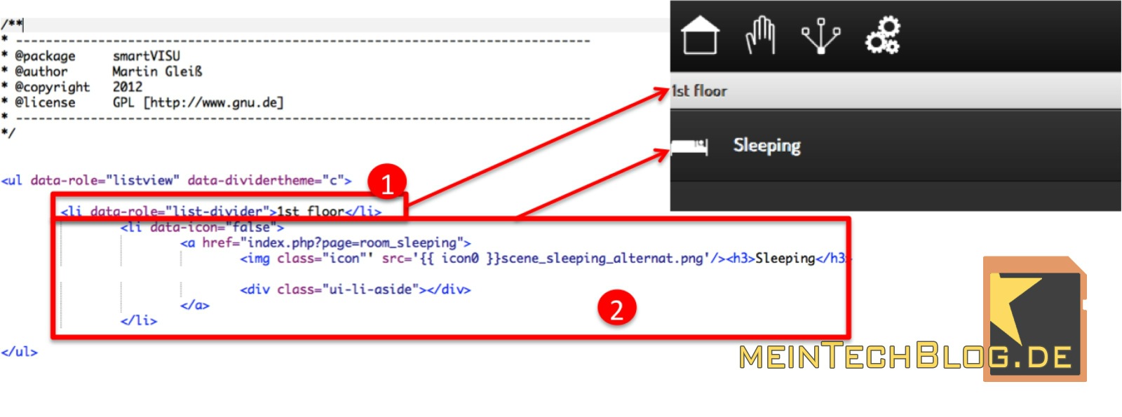 smartVISU Räume Zusammenhang HTMl-Code und Visualisierung