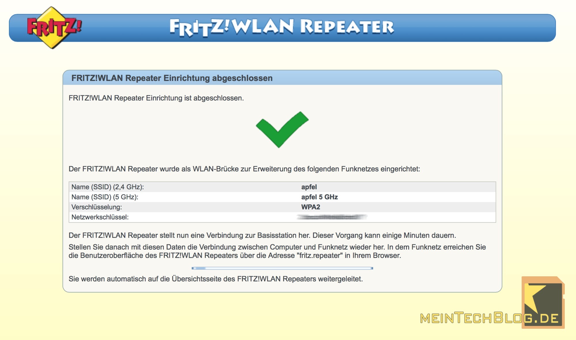 FritzWLAN Repeater Einrichtung abgeschlossen