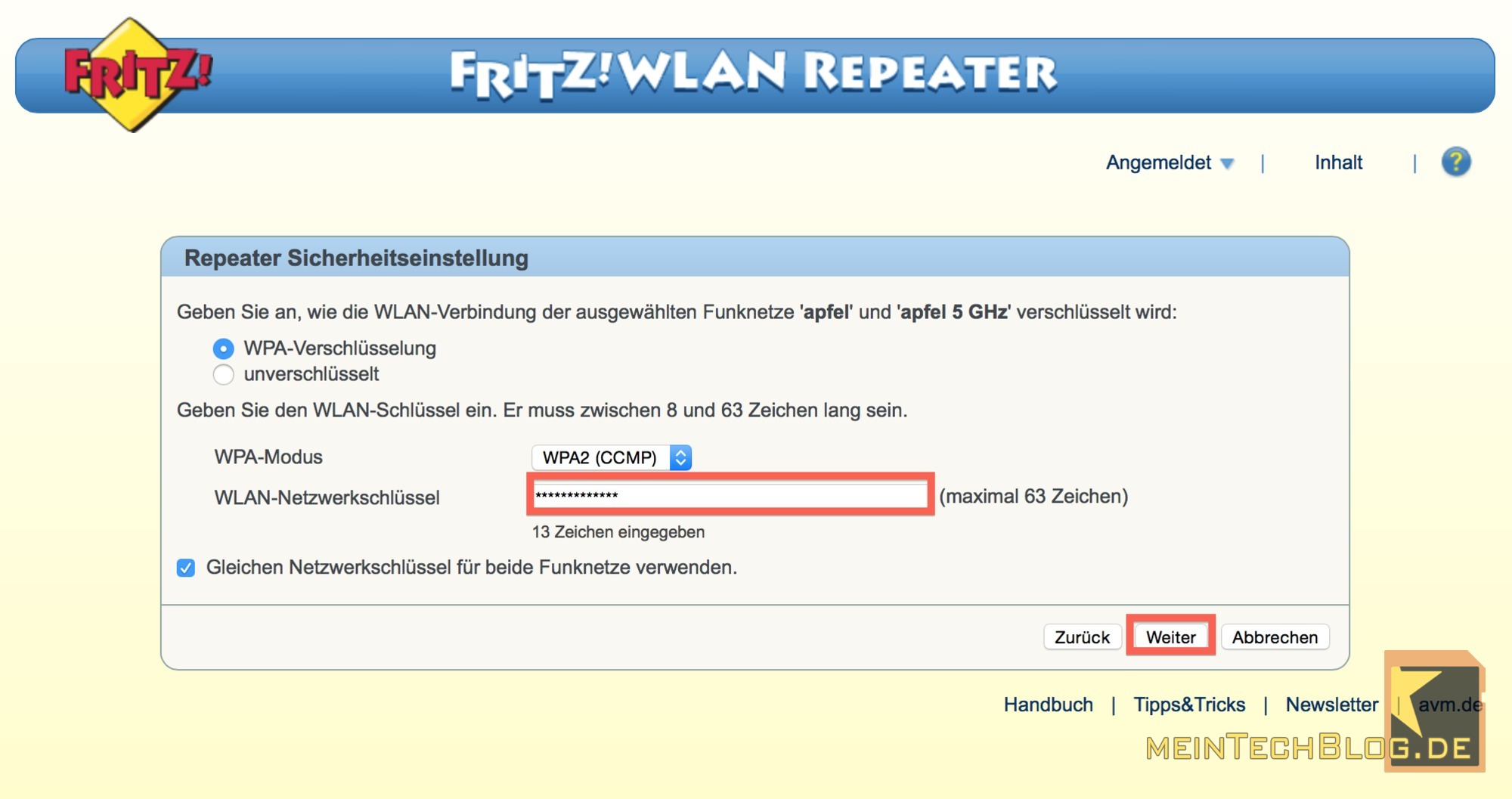 FritzWLAN Repeater Sicherheitseinstellung